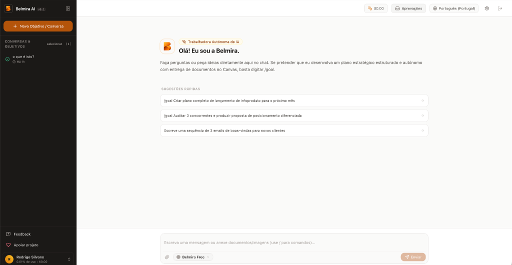 Interface da aplicação Belmira AI com painel de conversação e comandos de apoio